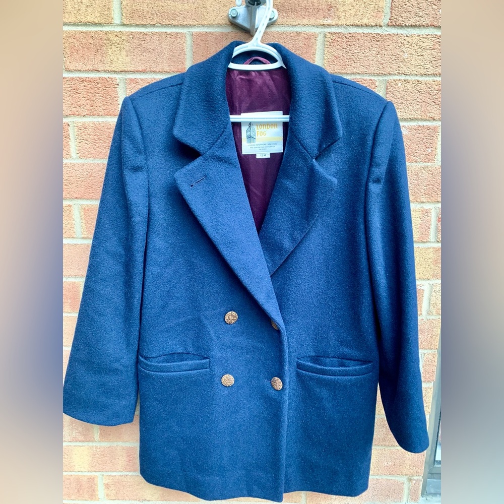 Wool London Fog Vintage 70s Pea Coat Navy Blue Double-Breasted Feminine 12M